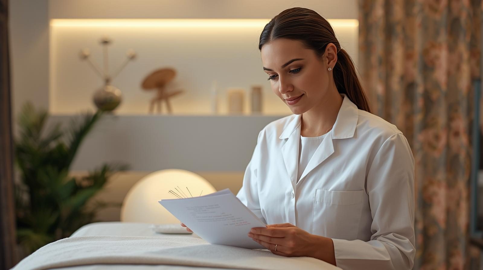 Integrative health practitioner reviewing patient information in a calm clinic setting, representing acupuncture and holistic wellness services marketing