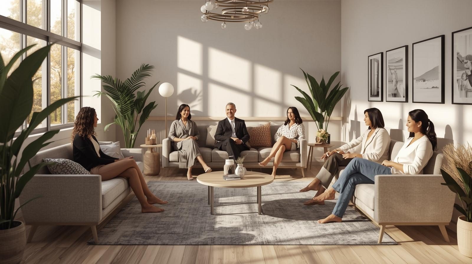 Health and wellness clinic waiting room filled with patients after successful Google Ads campaign, modern integrative care practice with high patient demand