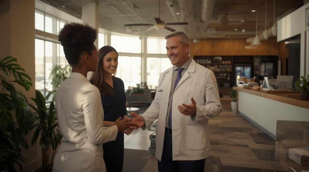 Health and wellness practitioner welcoming new patients in a modern clinic, reflecting successful marketing and patient acquisition for medical and wellness practices